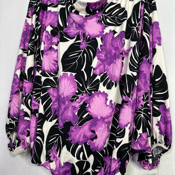 Floral Print Women's Bat Sleeve Elastic Waist Purple and Black Blouse - Picture 2 of 6